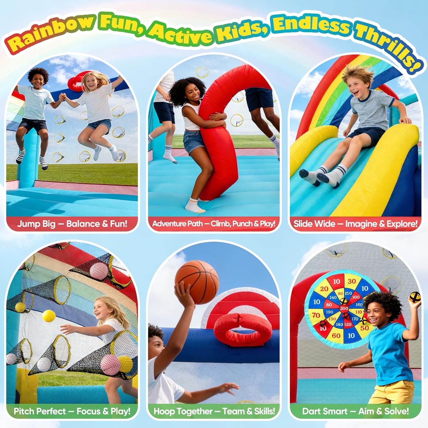 Rainbow bounce house activity zones — jump, slide, basketball and more