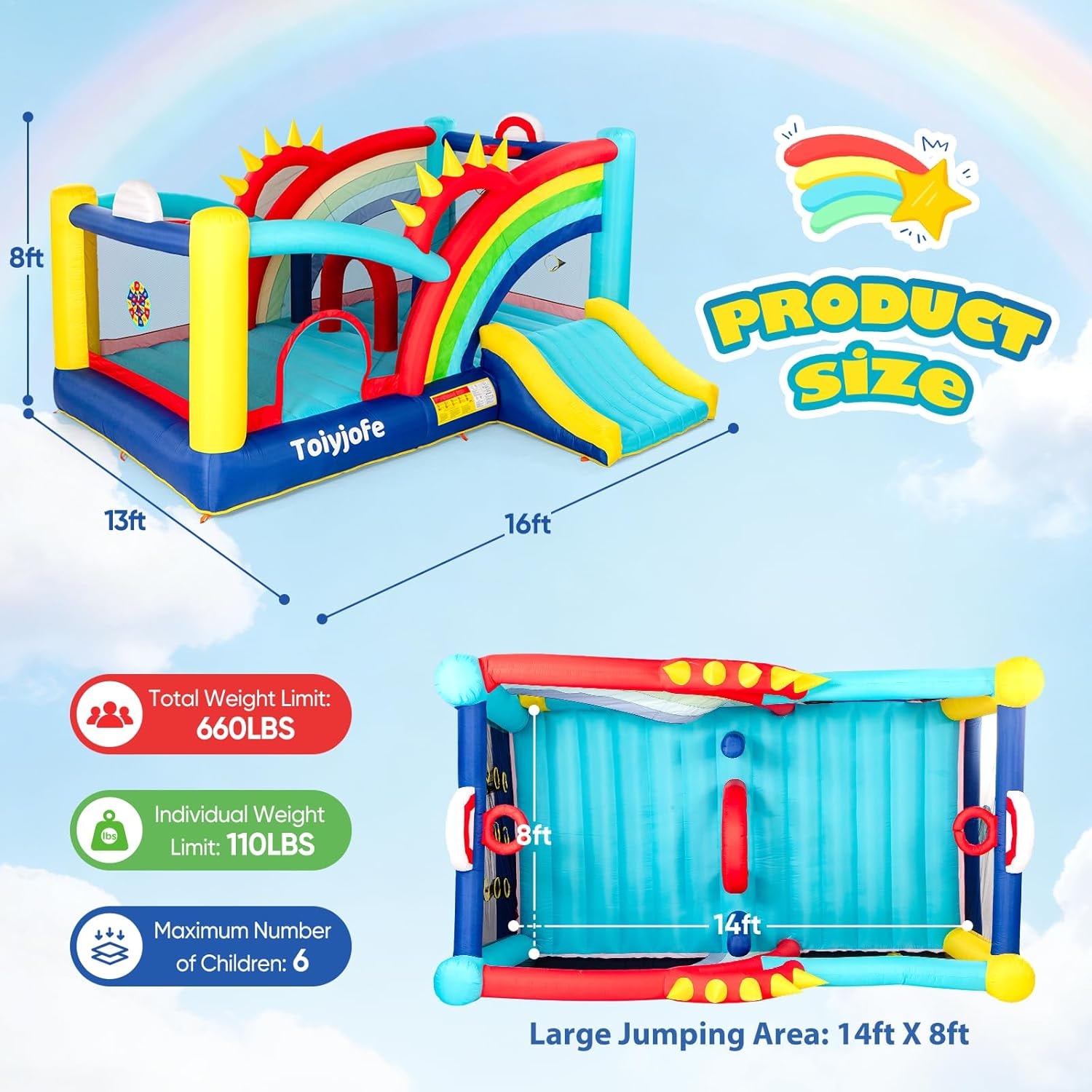 Rainbow bounce castle dimensions — 16x13x8 ft, 660 lb capacity